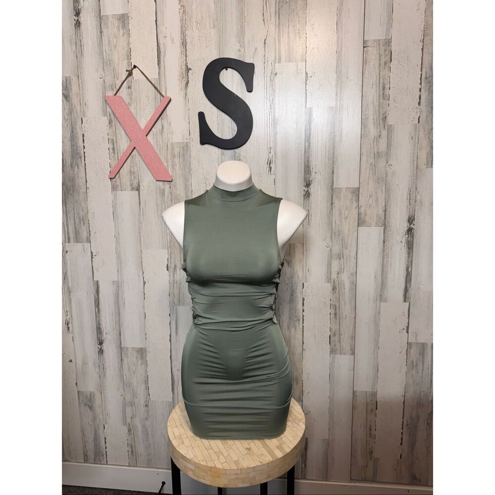 Olive Green Bodycon Mini Dress XS Ruched Cutout Side Clubwear